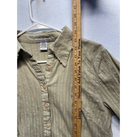Avenue Outfit Stars Olive Green Button-Up Long Sleeve Shirt Frayed Womens L - Picture 6 of 9